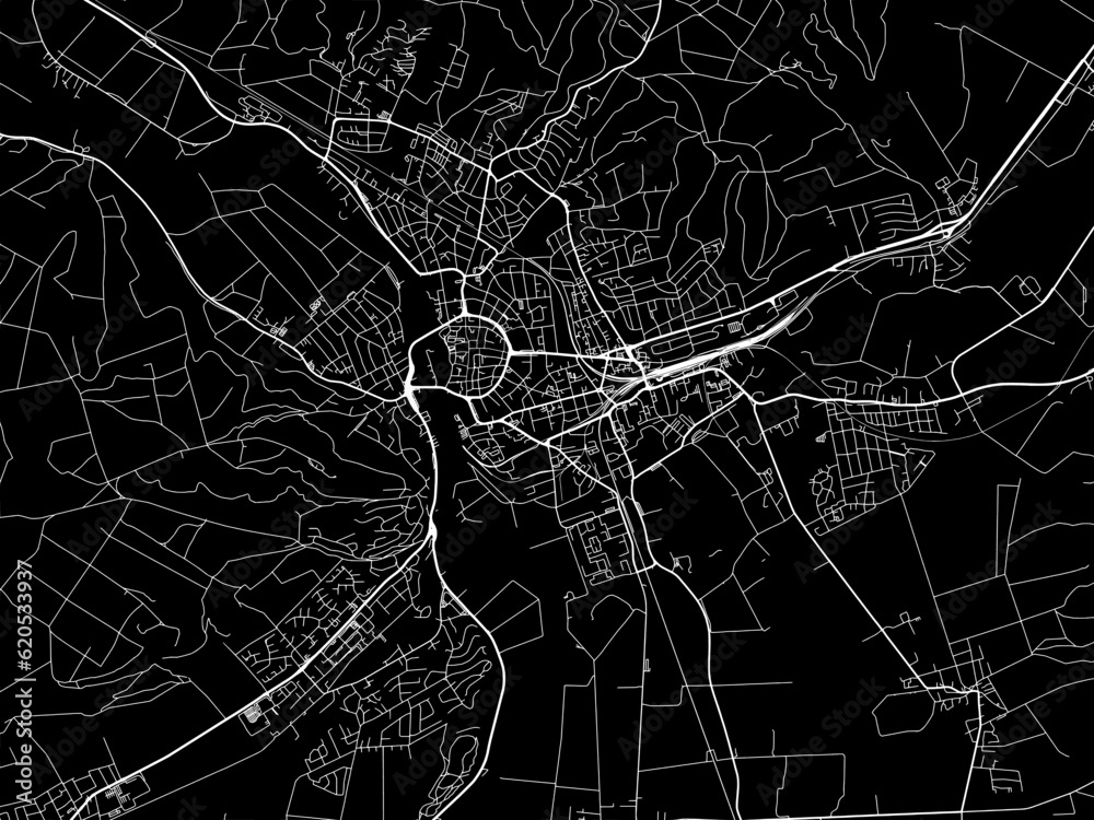 Vector road map of the city of  Hameln in Germany on a black background.
