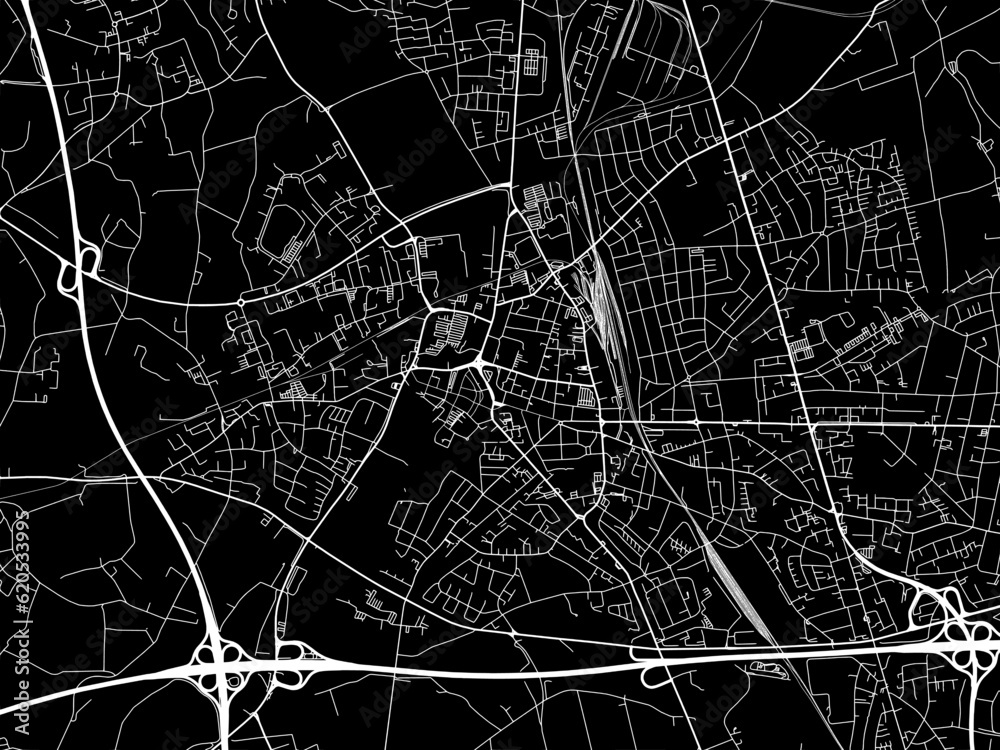 Vector road map of the city of  Moers in Germany on a black background.