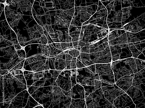 Vector road map of the city of  Dortmund in Germany on a black background.