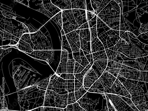 Vector road map of the city of  Dusseldorf in Germany on a black background.
