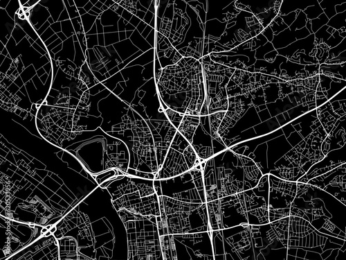 Vector road map of the city of Leverkusen in Germany on a black background.