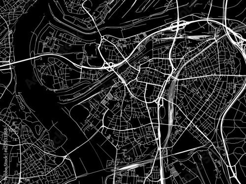 Vector road map of the city of  Duisburg in Germany on a black background.