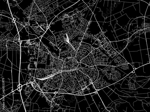 Vector road map of the city of Paderborn in Germany on a black background.