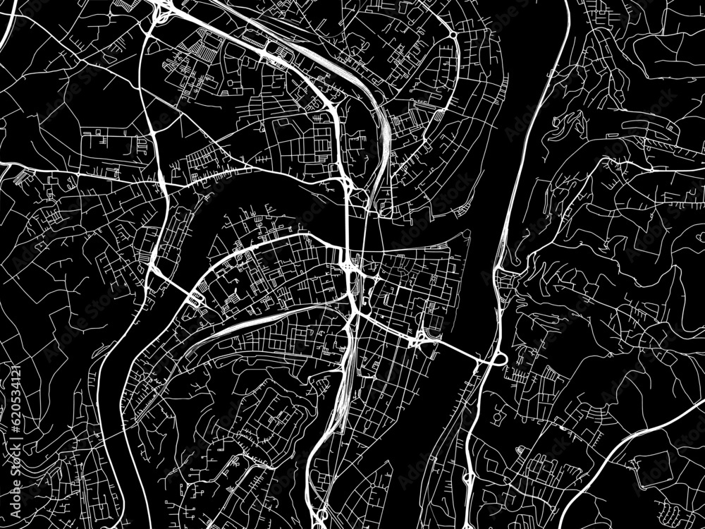 Vector road map of the city of  Koblenz in Germany on a black background.