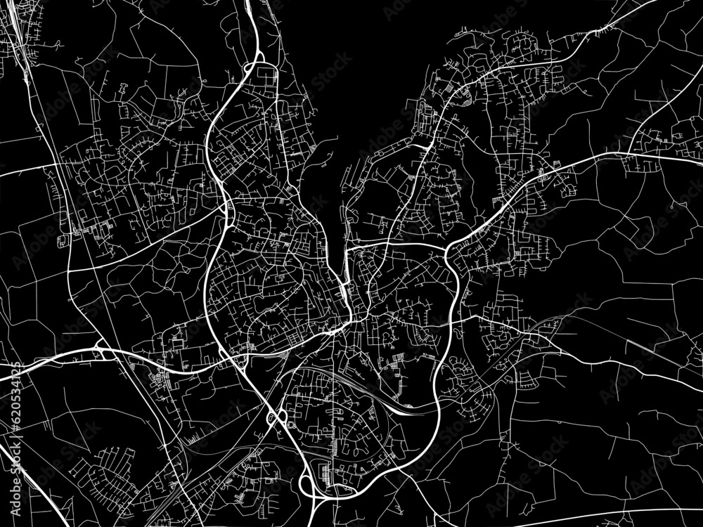 Vector road map of the city of  Flensburg in Germany on a black background.