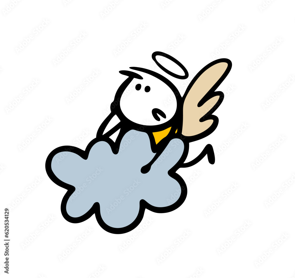 Worried stickman angel is hiding in the sky on a cloud. Vector illustration of a religious character from the Bible. Worried stickman angel is hiding in the sky on a cloud. Vector illustration of a religious character from the Bible.