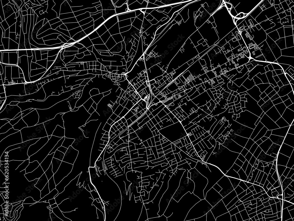 Vector road map of the city of  Bad Kreuznach in Germany on a black background.