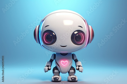 Little cute robot with glowing heart. AI generative.