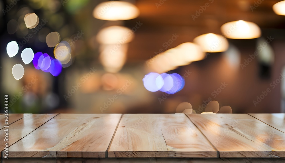 christmas lights on wooden background, Empty wooden table top with lights bokeh on blur restaurant background, holiday, wooden, design, floor, car, color,  AI generated	
