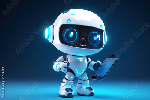 Little cute robot is holding a smartphone. AI generative. © Iaroslav