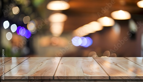 christmas lights on wooden background, Empty wooden table top with lights bokeh on blur restaurant background, holiday, wooden, design, floor, car, color, AI generated 