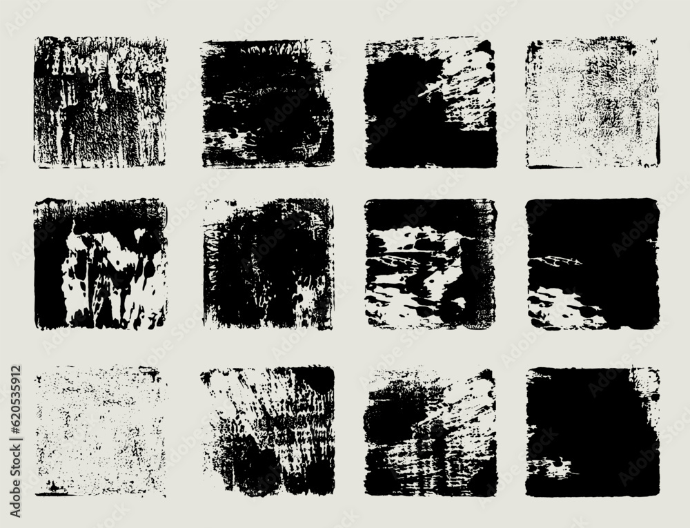 Big set of grunge square template backgrounds. Hand drawn brush black painted squares or rectangular shapes. Vector high detail strokes. Dirty grunge design frames, banners, borders or templates text