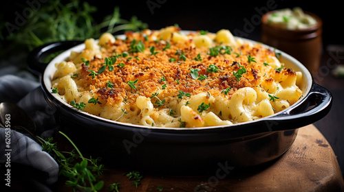 A bowl of comforting macaroni and cheese, baked to golden perfection with a crispy breadcrumb topping.