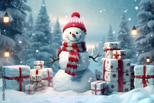 Christmas gift boxes on snow with snowman. Generative AI © Lubos Chlubny
