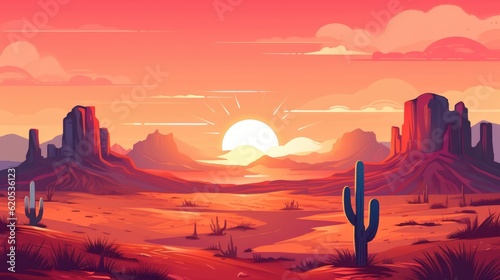 Wild Western Texas desert sunset with mountains and cactus. Generative AI