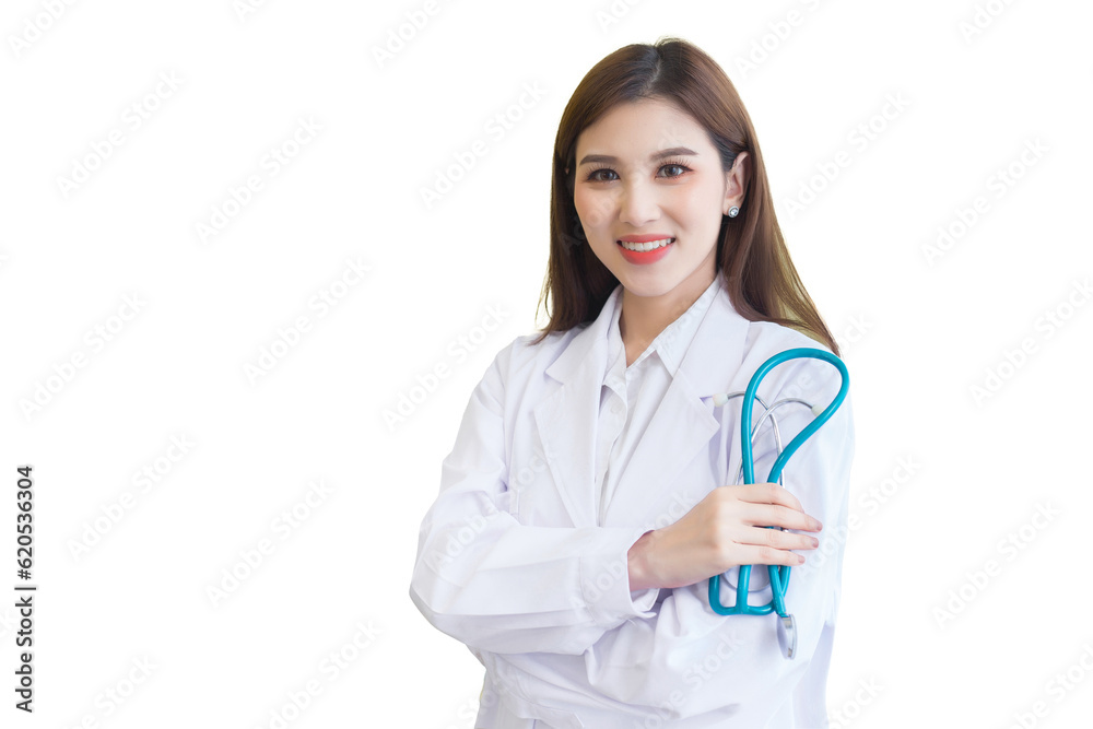 Professional young Asian woman doctor wearing white robe and stethoscope standing with arms crossed happy and smile at examination room in hospital while isolated on white background. Professional young Asian woman doctor wearing white robe and stethoscope standing with arms crossed happy and smile at examination room in hospital while isolated on white background.