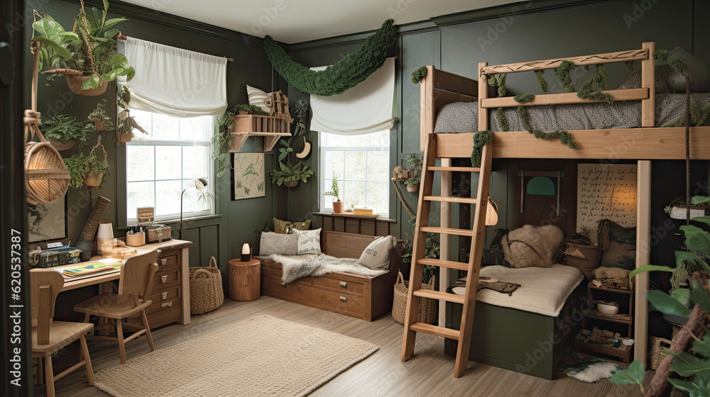 Modern Green Oasis: A Bright Children's Room with Nature-Inspired Design Modern Green Oasis: A Bright Children's Room with Nature-Inspired Design