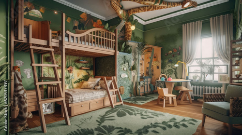 Modern Green Oasis: A Bright Children's Room with Nature-Inspired Design © Schizarty