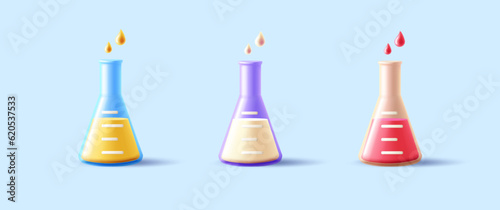 Laboratory equipment set of glass triangle beackers with coloured liquid, 3d render icon, poison or medicine