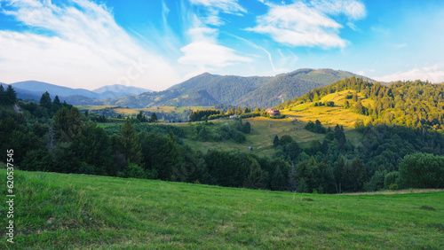 rolling hills, green fields, and majestic mountains. beauty of carpathian rural landscape