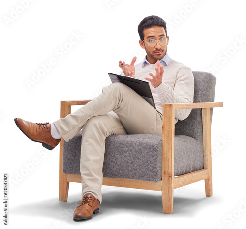 Psychology, psychologist or portrait of man, talking or clipboard isolated on a transparent background. Therapist, consultant or male with checklist for therapy, mental health or counselling with png