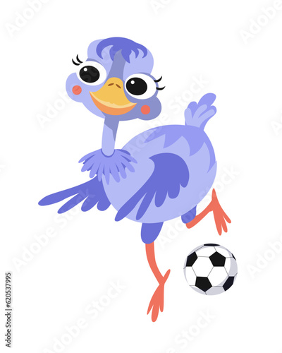 Cute ostrich playing soccer. Sports ball. Vector cartoon isolated illustration on white background. Funny bird animal for design. 