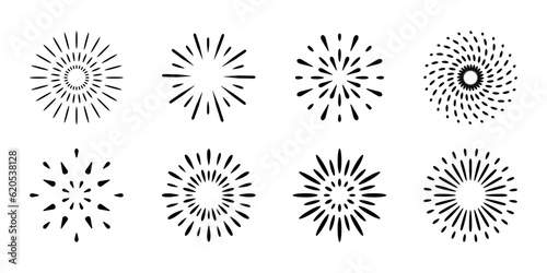 花火のアイコンマーク、放射状の光、光線のベクターイラスト白黒素材セット