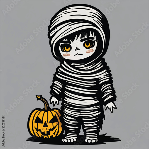 cute child in a halloween mummy costume, vector, illustration, white background