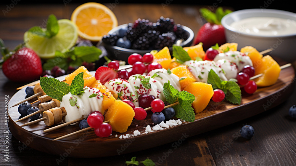 A platter of colorful fruit skewers, featuring a variety of fresh fruits and a drizzle of yogurt sauce A platter of colorful fruit skewers, featuring a variety of fresh fruits and a drizzle of yogurt sauce
