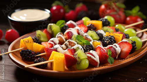 A platter of colorful fruit skewers  featuring a variety of fresh fruits and a drizzle of yogurt sauce