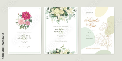Beautiful floral wedding invitation card template design. Hand drawn flowers bouquet decoration. Save the date card set. Vector illustration