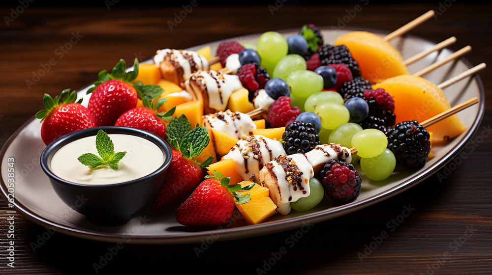 A platter of colorful fruit skewers, featuring a variety of fresh fruits and a drizzle of yogurt sauce