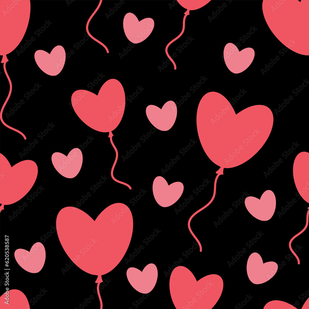 vector illustration of a seamless pattern of pink hearts and heart-shaped balloons on a black background. Festive background for wedding or valentine's day packaging and web design