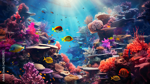 Coral reef underwater with many colorful fish, AI Generated