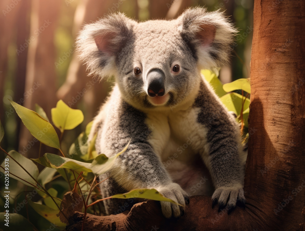 Koala in the summer eucalyptus forest on a sunny day