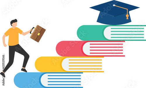 Education, Knowledge steps, Learning Study and skill development,  achieve business success, businessman step up on the books to achieve diploma cap

