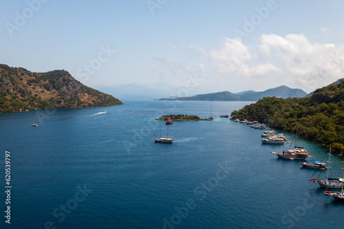 Gocek, Fethiye Muğla, Turkey A sailing yacht in Gocek, on Turkey's Aegean coast. Gocek is known for its pristine turquoise waters, remote beaches and historical ruins.