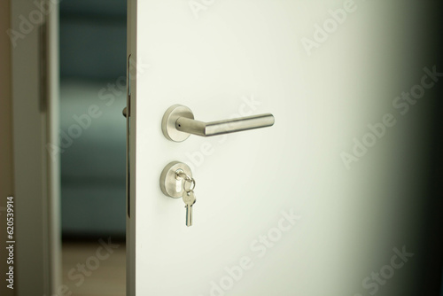 Close the door, private room, leave me alone, please don't disturb me - a modern white entrance door with keys