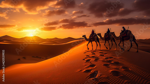 Captivating Sahara Desert, camel, caravan, breathtaking landscape, Generative AI illustration