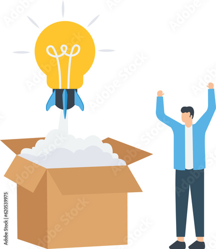 Idea, creativity or think outside the box, Solution or think difference, Wisdom or imagination to success , Businessman with lightbulb idea as rocket booster

