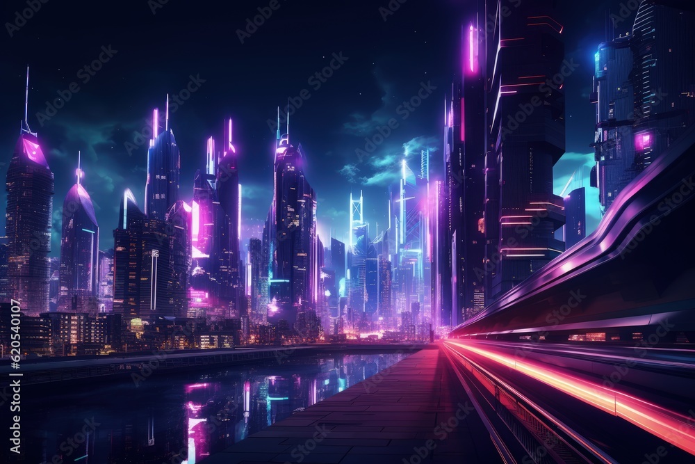  Futuristic city at night. Pink and yellow neon lights. Generative AI
