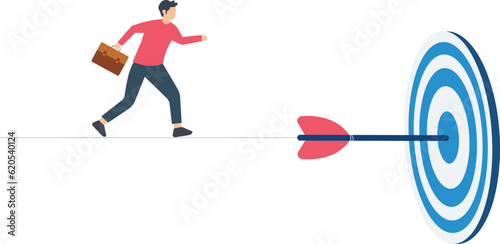 Set a goal and take action to achieve a goal or target, Aiming or motivation to grow business, Effort or skill to reach goal, Businessman walking aiming at target

