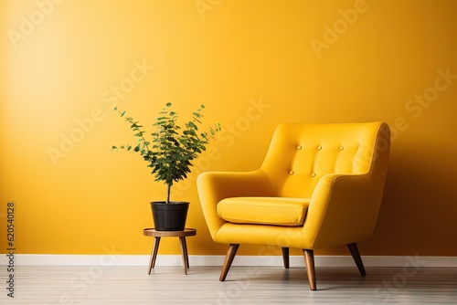 Yellow armchair book and plants decorate a living room Generative AI 