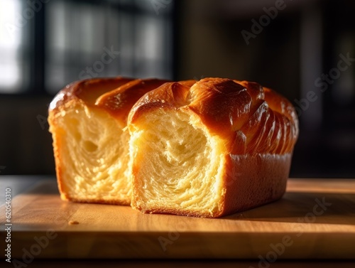 brioche with a golden crust and soft, fluffy interior on a wooden table photo