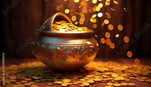 Pot of gold coins on wooden background, Gold coins in pot ai generated