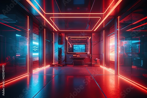 Futuristic interior lit by red blue neon lights Generative AI 