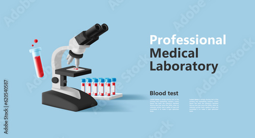 3d illustration of blood test laboratory with blood samples in glass beaker tubes and microscope with biological material, web banner photo