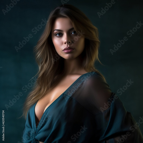 Fashion shot of a Portrait of a beautiful young woman with long brown hair and blue dress. Portrait of a beautiful sensual young  woman  in stylish evening dress. Beauty, fashion. Contrast lighting.