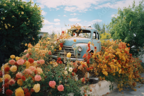 Overgrown truck with flowers in the garden