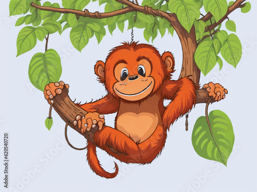 cute orangutan cartoon hanging on a tree branch